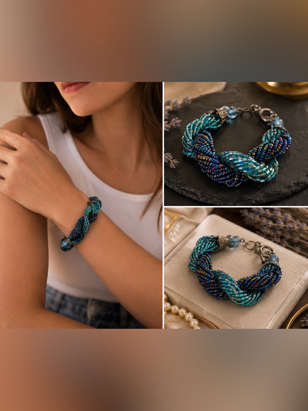 Artisan Blue & Teal Glass Beaded Twist Bracelet | Handwoven Statement Jewelry